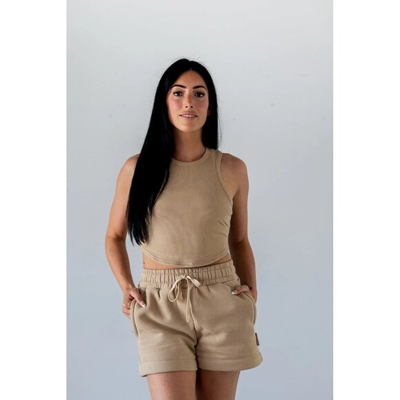 APRES ACTIF Beige Champagne Essential Ribbed Cropped Racerback Tank, Size S - Picture 1 of 10